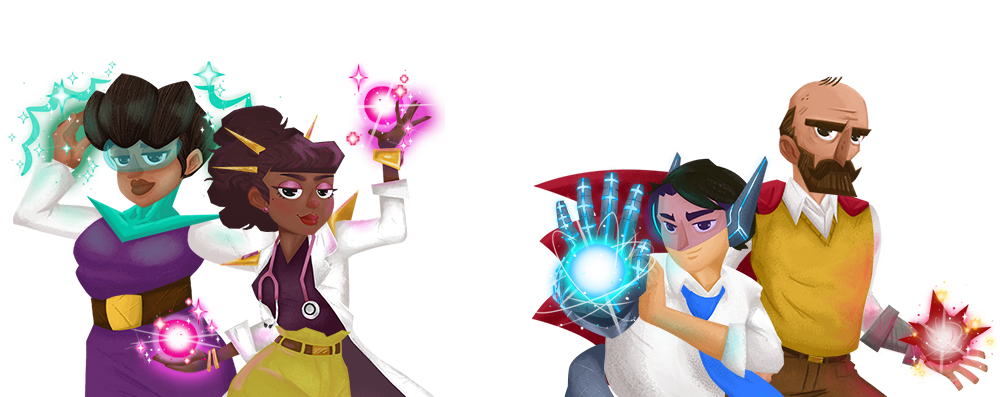 four hero characters in front of a background image